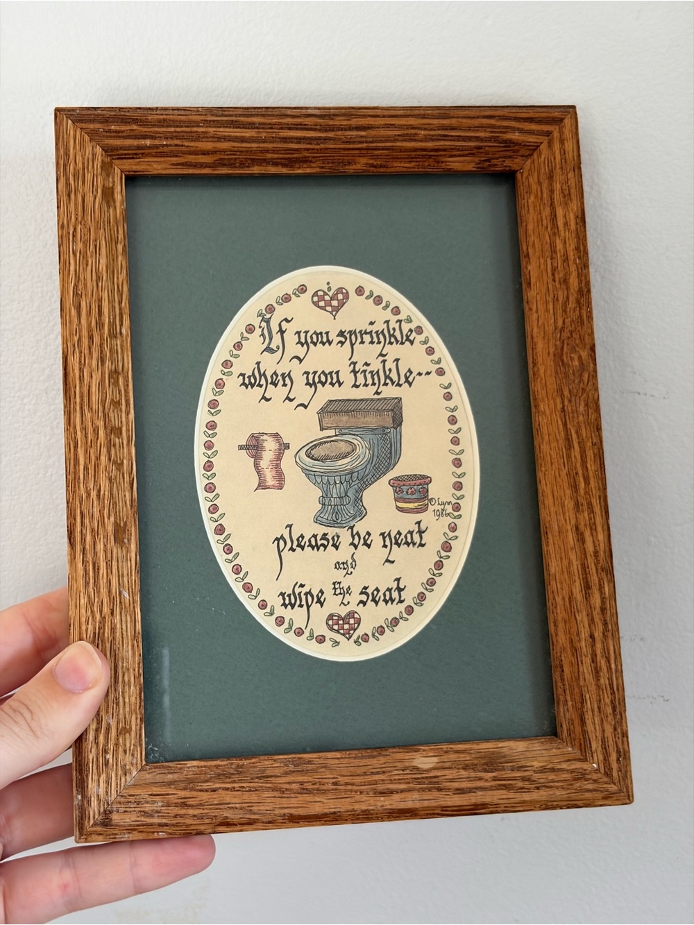 Vintage Framed Humorous Bathroom Art - Green Mat & Wooden Frame